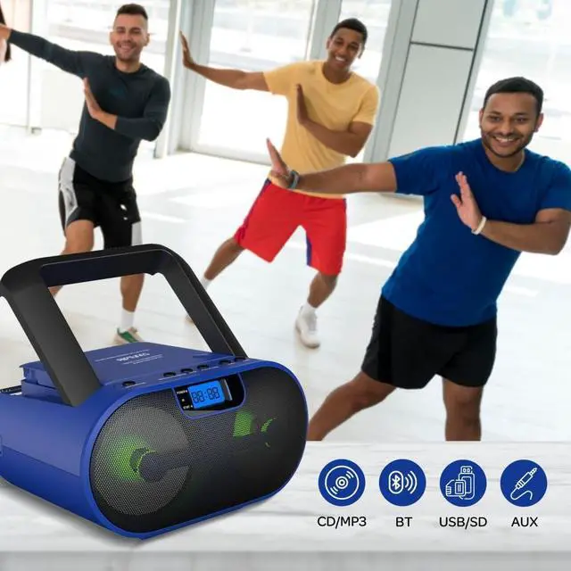 Alt view image 6 of 7 - Portable CD Player Boombox AM FM Radio, Bluetooth, USB, Aux-Input, MP3 CD Stereo Sound with Bass Boost, Party Lights, Headphone Jack, Backlit LCD Display, with Remote, Black