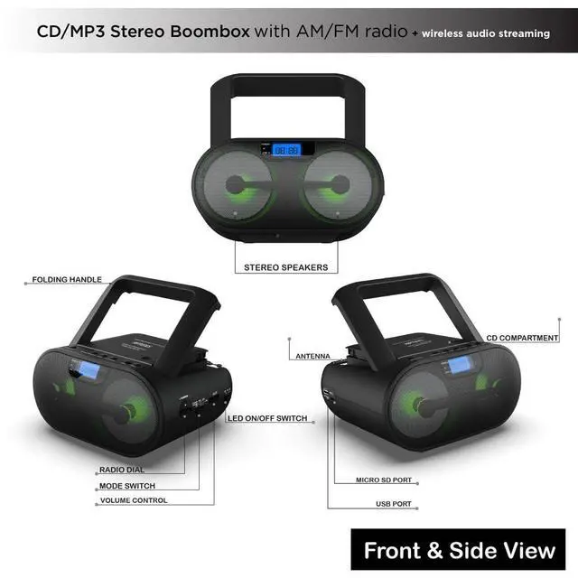 Alt view image 7 of 7 - Portable CD Player Boombox AM FM Radio, Bluetooth, USB, Aux-Input, MP3 CD Stereo Sound with Bass Boost, Party Lights, Headphone Jack, Backlit LCD Display, with Remote, Black