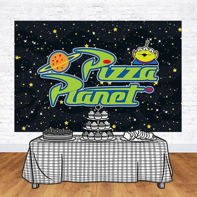Alt view image 3 of 3 - Pizza Planet Backdrop for Birthday Party Supplies Photo Backgrounds Toy Story Birthday Theme Baby Shower Banner 59x38in yellow