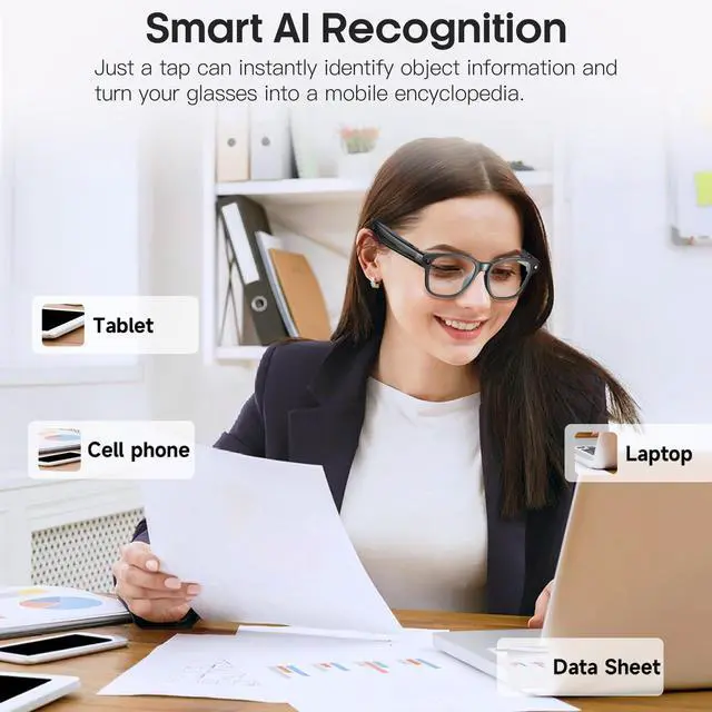Alt view image 7 of 7 - AI Camera Smart Glasses for Men Women with 8MP, 4K Photo/1200P HD Video Recording, Translation, GPT Voice Assistant, AI Object Recognition, Hands-Free Music/Call,Long Battery Life