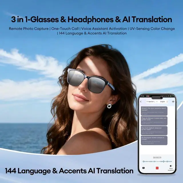 Alt view image 2 of 7 - S7Ultra Auto-Tinting Smart Audio Glasses with Translation Support | Auto-Tinting UV400 Lenses, Prescription Lens Replaceable, 144-Language AI Translation, Open-Ear Audio & Calls