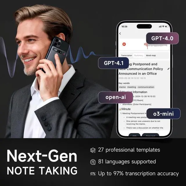 Alt view image 2 of 7 - AI Voice Recorder, 64GB Intelligent Recorder Transcriber AI Note Taker | App Control, Supports 80+ Languages, Transcribe & Summarize, Audio Recorder for Lectures, Meetings, Call, Interview