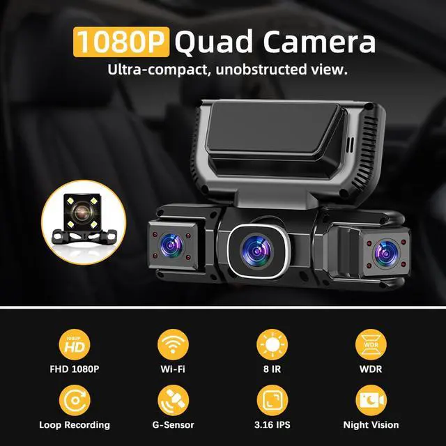 Alt view image 2 of 7 - 4 Channel Dash Cam Front & Rear for Cars with Radar,2K FHD & WDR Night | Dash Cam Include Free ODBII Hardwire 24/7 Parking Surveillance,360° Camera with WiFi,Loop Record,WDR Night