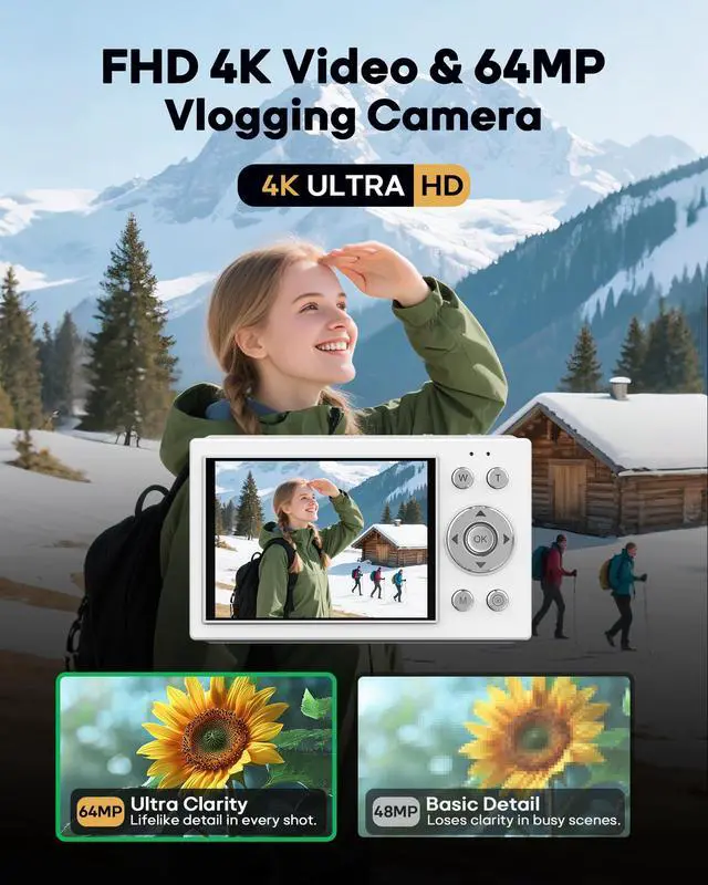 Alt view image 2 of 7 - Digital Camera, 4K Vlogging Camera, Autofocus, 64GB Card, Built-in Battery | 64MP, 16X Zoom, Self-Timer, Compact Digital Camera for Teens Adult Beginners, Ideal for Travel & YouTube - White