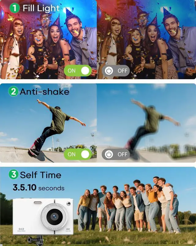 Alt view image 6 of 7 - Digital Camera, 4K Vlogging Camera, Autofocus, 64GB Card, Built-in Battery | 64MP, 16X Zoom, Self-Timer, Compact Digital Camera for Teens Adult Beginners, Ideal for Travel & YouTube - White