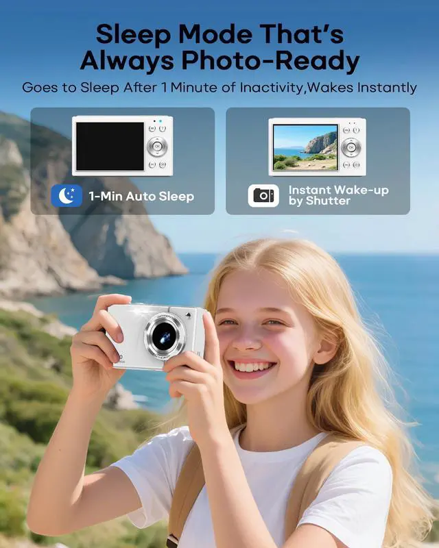 Alt view image 7 of 7 - Digital Camera, 4K Vlogging Camera, Autofocus, 64GB Card, Built-in Battery | 64MP, 16X Zoom, Self-Timer, Compact Digital Camera for Teens Adult Beginners, Ideal for Travel & YouTube - White