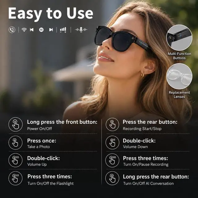 Alt view image 4 of 7 - Smart Glasses with Camera, Bluetooth AI Sunglasses for Travel