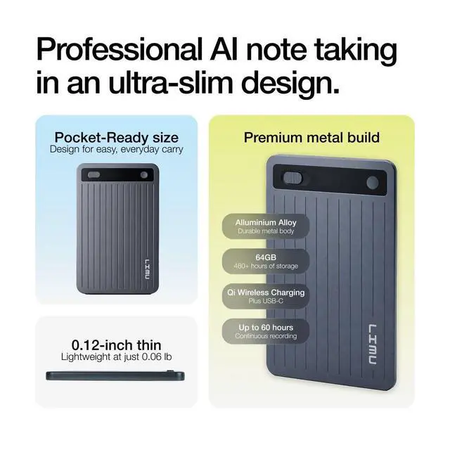 Alt view image 2 of 7 - AI Voice Recorder 64GB, Note Taking Device, Wireless Charging GPT 5.5 | German Design Slim Transcribes for Meetings, Lectures & Calls, MindMaps, Summaries, Translates 125 Languages, App-Controlled