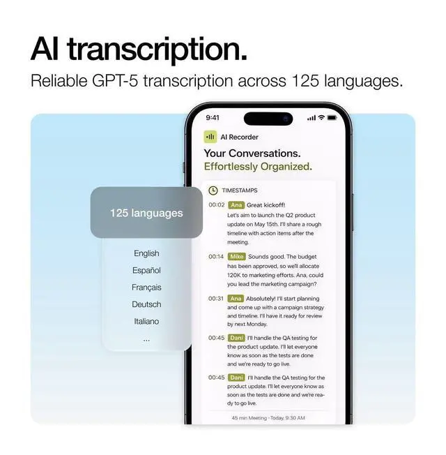 Alt view image 5 of 7 - AI Voice Recorder 64GB, Note Taking Device, Wireless Charging GPT 5.5 | German Design Slim Transcribes for Meetings, Lectures & Calls, MindMaps, Summaries, Translates 125 Languages, App-Controlled