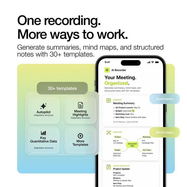 Alt view image 6 of 7 - AI Voice Recorder 64GB, Note Taking Device, Wireless Charging GPT 5.5 | German Design Slim Transcribes for Meetings, Lectures & Calls, MindMaps, Summaries, Translates 125 Languages, App-Controlled