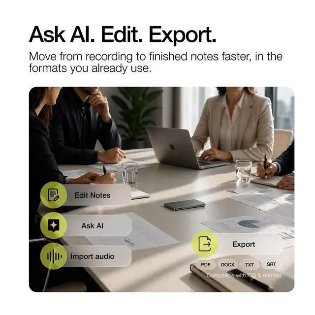 Alt view image 7 of 7 - AI Voice Recorder 64GB, Note Taking Device, Wireless Charging GPT 5.5 | German Design Slim Transcribes for Meetings, Lectures & Calls, MindMaps, Summaries, Translates 125 Languages, App-Controlled