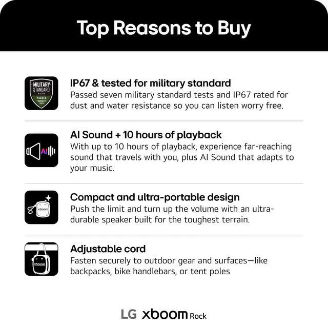 Alt view image 2 of 7 - xboom Rock by will.i.am, Portable Outdoor Bluetooth Speaker, up to 10 Hours, IP67 Dust and Water Resistant, Adjustable Mounting Cord, Black
