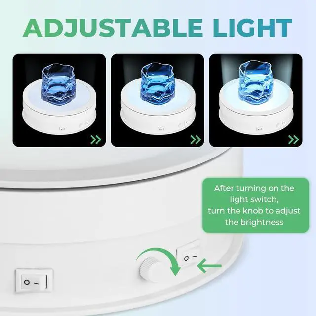 Alt view image 2 of 7 - Rotating Display Stand with LED Light 7.9in/44lb | Electric Turntable 360 Degrees Adjustable Lighting for Jewelry, Crystal, Product, Photography, Video, Live (White)