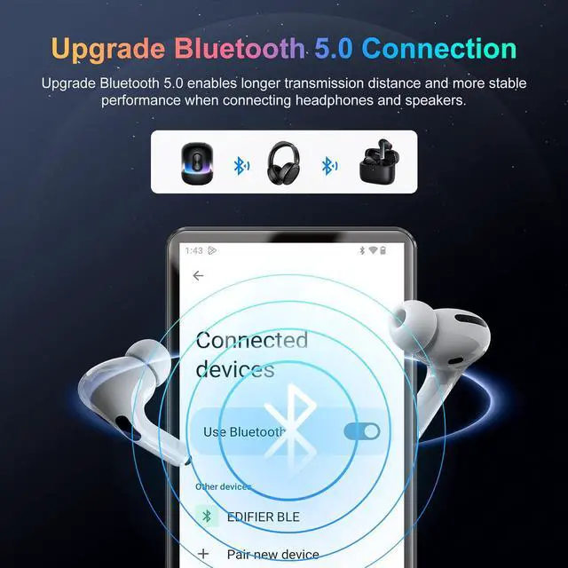 Alt view image 6 of 7 - 96GB MP3 Player with Bluetooth and WiFi, 4.0'' IPS Touch Screen MP4 Players, Android Music Player Built-in Speaker, Support Spotify, Amazon Music, Deezer, Audible, FM Radio, Expandable Up to 1TB