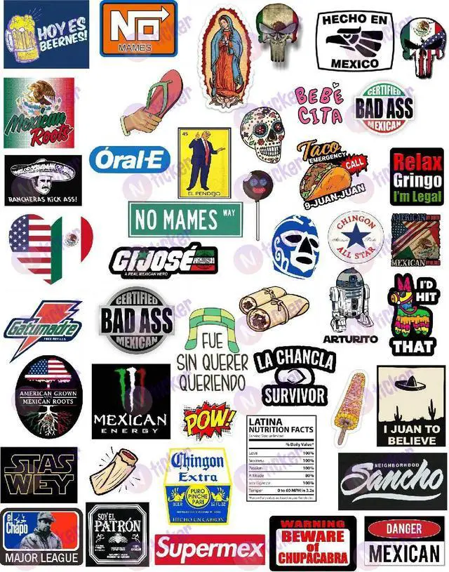 Main image of 42 Mexican Stickers Calcomanías Mexicanas para Carro, Laptop 100% Vinyl Stickers Mexico Funny Decals for Hardhat, Bumper, Laptop, Water Bottle or Lunchbox. Pegatinas, Calcomanias para Autos