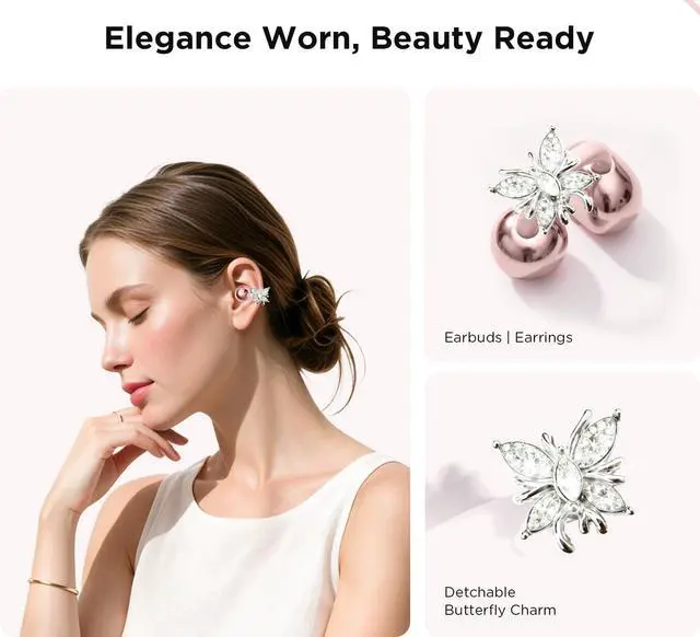 Alt view image 2 of 7 - Clip-On Open Ear Earbuds with Detachable Crystal Butterfly Earrings | Bluetooth 6.0 Wireless Headphones for Women, 60H Playtime, Comfortable Fit for Small Ears, Sports, Glasses Wearers,Rose Gold