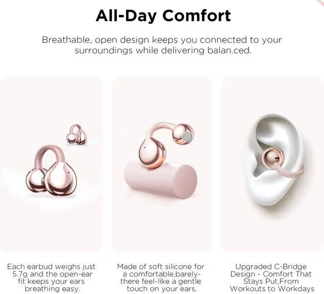 Alt view image 4 of 7 - Clip-On Open Ear Earbuds with Detachable Crystal Butterfly Earrings | Bluetooth 6.0 Wireless Headphones for Women, 60H Playtime, Comfortable Fit for Small Ears, Sports, Glasses Wearers,Rose Gold