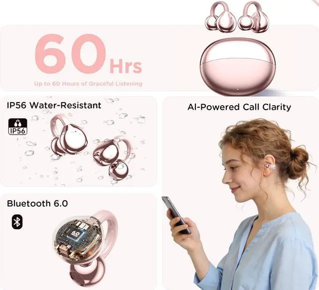 Alt view image 6 of 7 - Clip-On Open Ear Earbuds with Detachable Crystal Butterfly Earrings | Bluetooth 6.0 Wireless Headphones for Women, 60H Playtime, Comfortable Fit for Small Ears, Sports, Glasses Wearers,Rose Gold