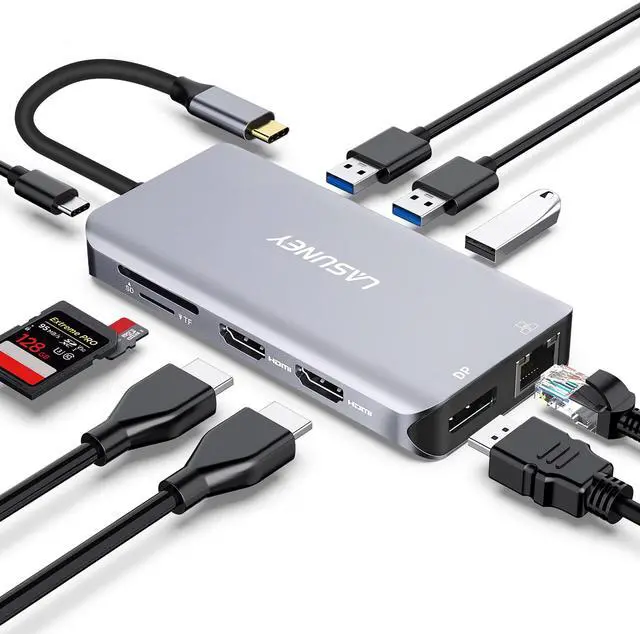 Main image of Triple Display 10 in 1 USB Type C HUB with to 2 HDMI, Displayport, PD3.0, Ethernet, 3 USB Ports, SD/TF, Multiport Adapter Docking Station Dongle for Laptop