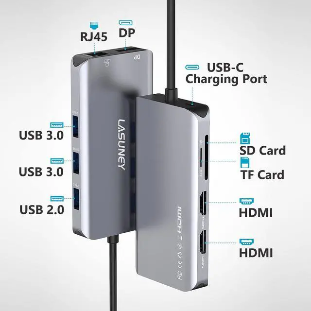 Alt view image 2 of 7 - Triple Display 10 in 1 USB Type C HUB with to 2 HDMI, Displayport, PD3.0, Ethernet, 3 USB Ports, SD/TF, Multiport Adapter Docking Station Dongle for Laptop