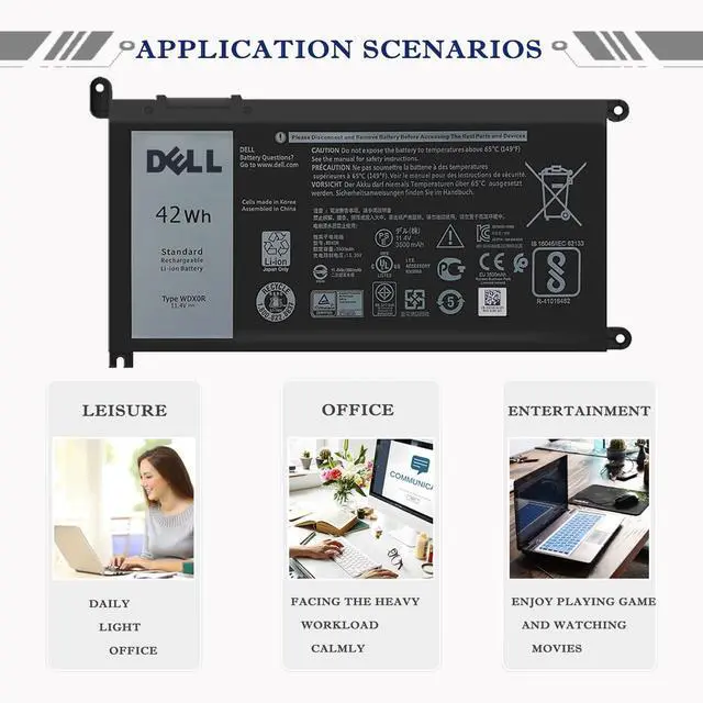 Alt view image 6 of 6 - DELL WDX0R Notebook Battery for Dell Inspiron 15 7579 7573 7560 7569 7570 5565 5567 5568 5570 5578 5579 7586 13 7368 7378 5368 5378 5379 17 5765 5767 5775 Latitude 3490 3590 P66F P58F P32E11.4V 42Wh