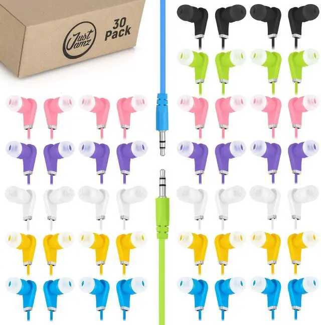 Main image of Earbuds Bulk Bits, 30 Pack | Multicolored Earbuds Pack, in-Ear 3.5mm Stereo in-Ear Headphones, Ear Buds Bulk, Disposable Headphones, Multi-Color Earphones | School, Classroom, Library