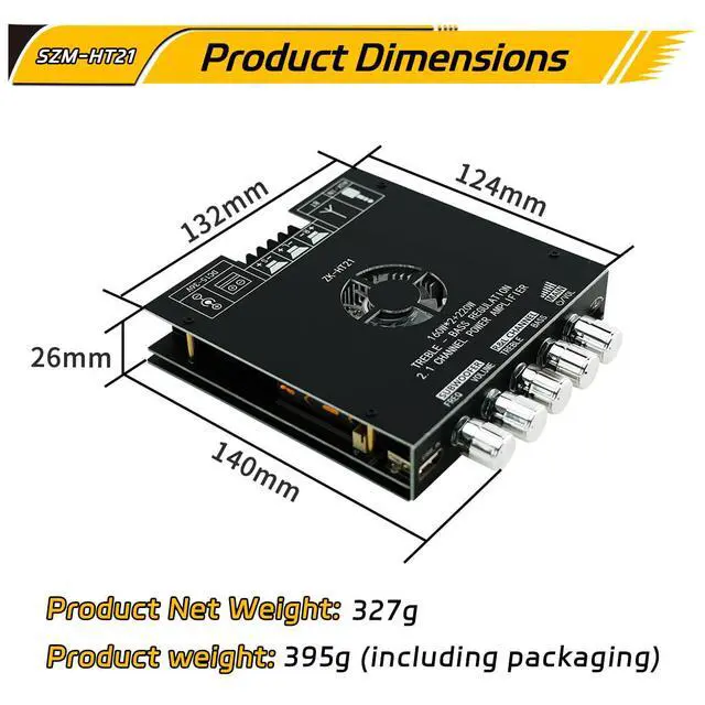 Alt view image 2 of 7 - Bluetooth Digital Amplifier Board, 160W×2+220W Subwoofer 2.1 Channel Audio Receiver Power Amplifier Module with Treble and Bass Control for DIY Speakers-HT21