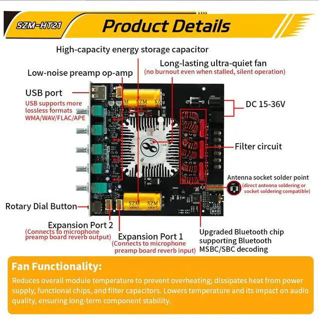 Alt view image 4 of 7 - Bluetooth Digital Amplifier Board, 160W×2+220W Subwoofer 2.1 Channel Audio Receiver Power Amplifier Module with Treble and Bass Control for DIY Speakers-HT21
