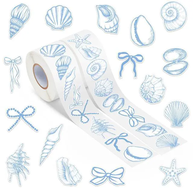 Main image of Blue Seashell Stickers - 1000Pcs Summer Decorative Decals for Kids | Funny Ocean Animals Starfish Bow, Under the Sea Beach Vinyl Roll Stickers, Birthday Party Gift, Laptop Guitars Skateboards