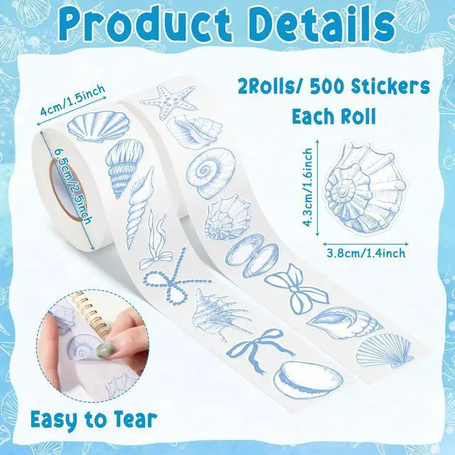 Alt view image 2 of 6 - Blue Seashell Stickers - 1000Pcs Summer Decorative Decals for Kids | Funny Ocean Animals Starfish Bow, Under the Sea Beach Vinyl Roll Stickers, Birthday Party Gift, Laptop Guitars Skateboards