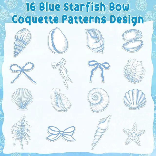 Alt view image 4 of 6 - Blue Seashell Stickers - 1000Pcs Summer Decorative Decals for Kids | Funny Ocean Animals Starfish Bow, Under the Sea Beach Vinyl Roll Stickers, Birthday Party Gift, Laptop Guitars Skateboards