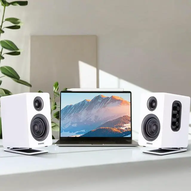 Alt view image 6 of 7 - SW601 15° Tilted Speaker Stands for 2-3 Inch Speakers (Pair, White) | Aims Sound at Ear Level - Damping Foam Reduces Vibration - Steel Base - 4.4x5.3 in - Fits SW208 and 2-3 Inch Models