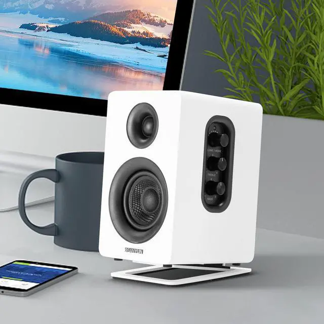 Alt view image 5 of 7 - SW601 15° Tilted Speaker Stands for 2-3 Inch Speakers (Pair, White) | Aims Sound at Ear Level - Damping Foam Reduces Vibration - Steel Base - 4.4x5.3 in - Fits SW208 and 2-3 Inch Models