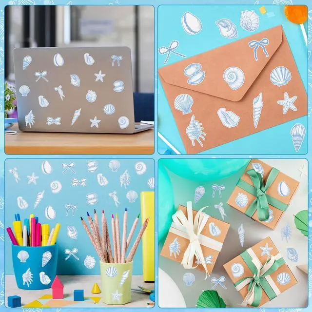 Alt view image 6 of 6 - Blue Seashell Stickers - 1000Pcs Summer Decorative Decals for Kids | Funny Ocean Animals Starfish Bow, Under the Sea Beach Vinyl Roll Stickers, Birthday Party Gift, Laptop Guitars Skateboards