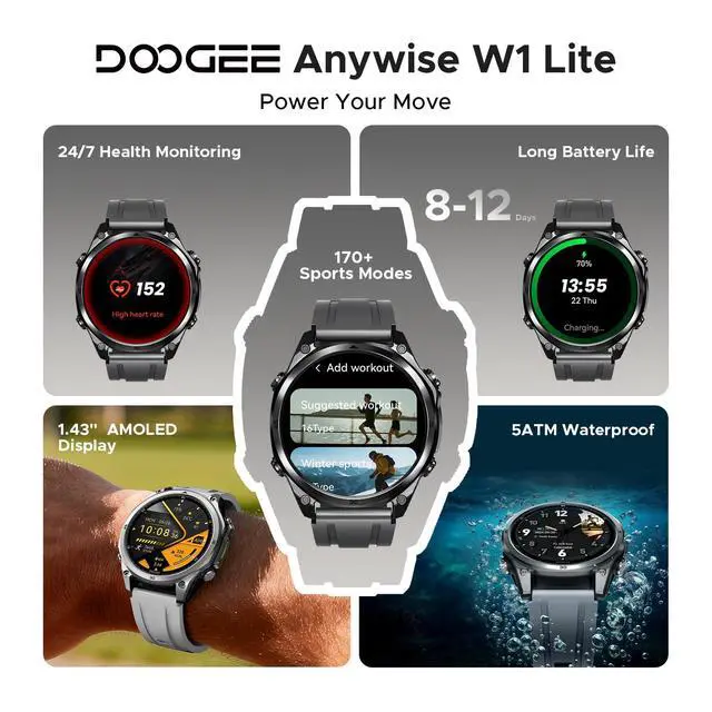 Alt view image 2 of 7 - ANYWISE W1 LITE Smart Watches for Men, 1.43''AMOLED Mens Smart Watch for Android/iOS, 5ATM Waterproof Fitness, 170+ Sports Modes, Answer/Make Calls/12 Days Battery/Heart Rate/Sleep Monitor