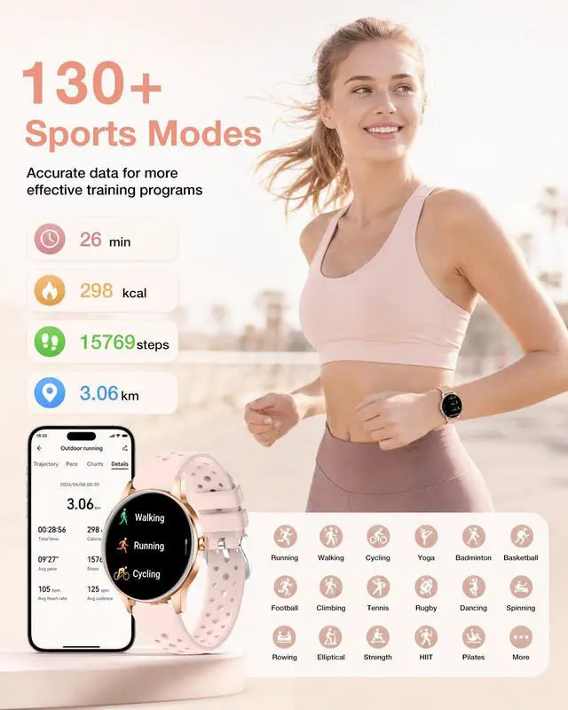 Alt view image 4 of 7 - Smart Watch for Women, Ideal Gift, 1.27" HD Fitness Tracker, Answer/Make Calls, 130+ Sports Modes, Heart Rate/Sleep Monitor, IP68 Waterproof, Compatible with iOS & Android