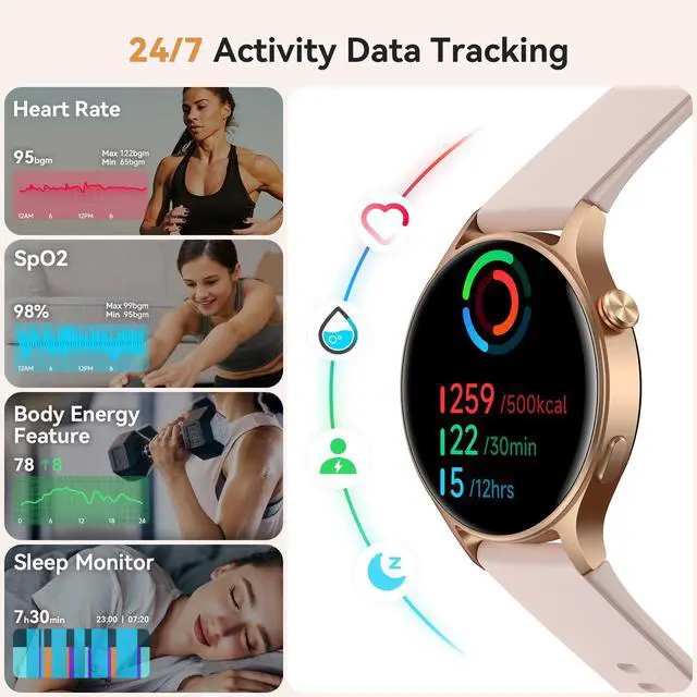 Alt view image 2 of 7 - Smart Watch for Men Women, AMOLED Ultra-Clear Screen Fitness Trackers with Heart Rate/Sleep/SpO2 Monitor, Smartwatch for iPhone/Samsung/Android,(Rose Gold and Black)