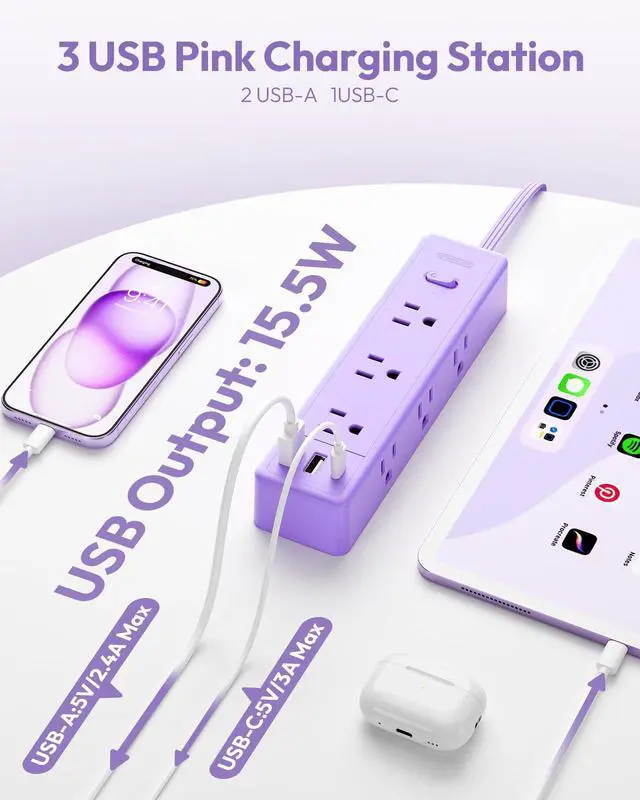 Alt view image 3 of 7 - Purple Power Strip, Purple Surge Protector Extension Cord 5FT, 9 Outlets 3 USB (1 USB C), Mounted,1080J, Multiple Outlets Desk Accessories for Home Office, Vanity Desk, Nightstand
