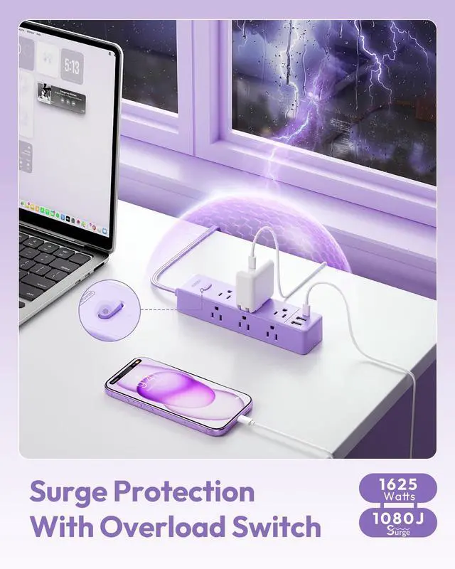 Alt view image 4 of 7 - Purple Power Strip, Purple Surge Protector Extension Cord 5FT, 9 Outlets 3 USB (1 USB C), Mounted,1080J, Multiple Outlets Desk Accessories for Home Office, Vanity Desk, Nightstand