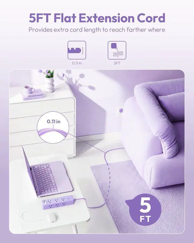 Alt view image 5 of 7 - Purple Power Strip, Purple Surge Protector Extension Cord 5FT, 9 Outlets 3 USB (1 USB C), Mounted,1080J, Multiple Outlets Desk Accessories for Home Office, Vanity Desk, Nightstand