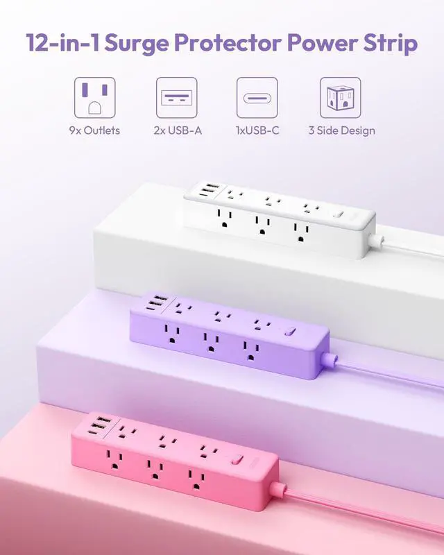 Alt view image 2 of 7 - Purple Power Strip, Purple Surge Protector Extension Cord 5FT, 9 Outlets 3 USB (1 USB C), Mounted,1080J, Multiple Outlets Desk Accessories for Home Office, Vanity Desk, Nightstand