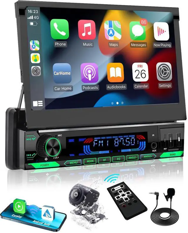 Main image of Single Din Motorized Flip Out Car Stereo with CarPlay and Android Auto, 7 Inch Touchscreen Car Radio, Bluetooth, FM AM RDS, DSP, Backup Camera Input, Steering Wheel Control, USB