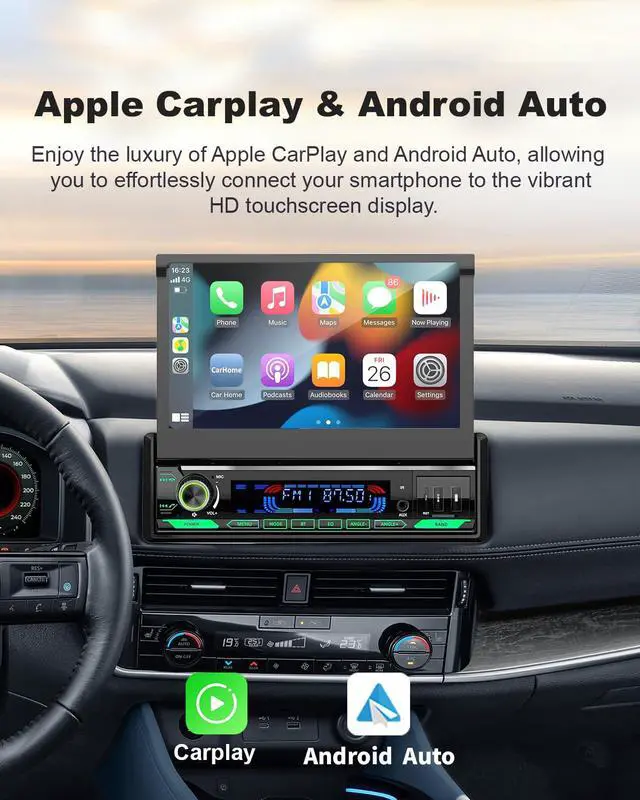 Alt view image 2 of 6 - Single Din Motorized Flip Out Car Stereo with CarPlay and Android Auto, 7 Inch Touchscreen Car Radio, Bluetooth, FM AM RDS, DSP, Backup Camera Input, Steering Wheel Control, USB