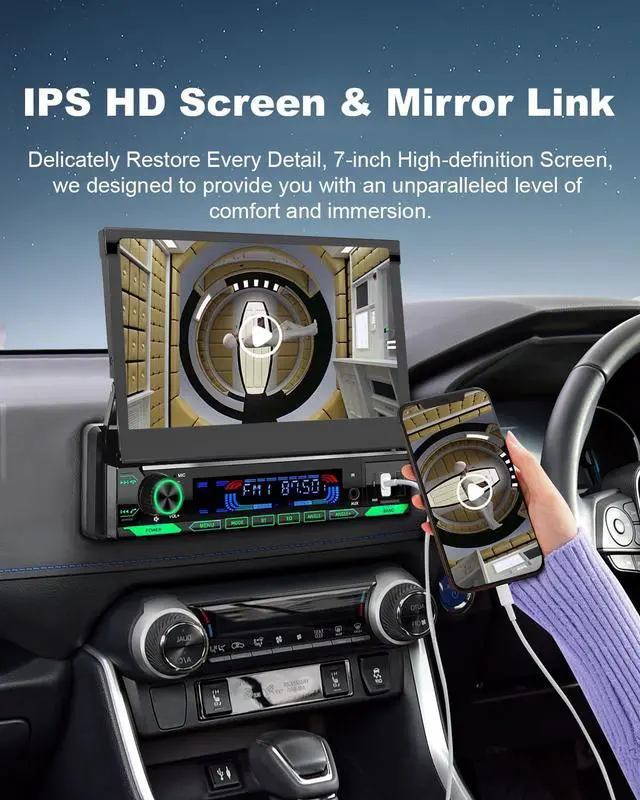 Alt view image 3 of 6 - Single Din Motorized Flip Out Car Stereo with CarPlay and Android Auto, 7 Inch Touchscreen Car Radio, Bluetooth, FM AM RDS, DSP, Backup Camera Input, Steering Wheel Control, USB