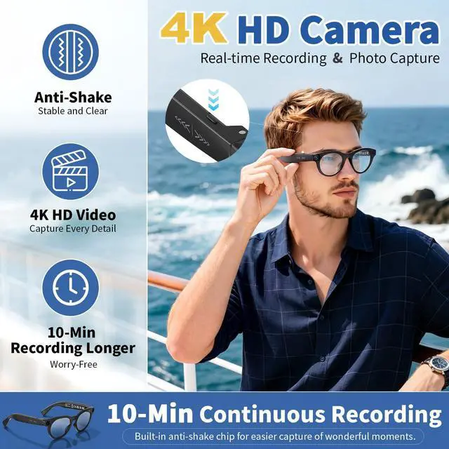 Alt view image 4 of 7 - AI Smart Glasses with 8MP Camera, 4K HD Video & Photo Capture, Bluetooth Connectivity, Real-time & Video Call Translation, Video stabilization, Dual-microphone Noise Reduction, Object Recognition