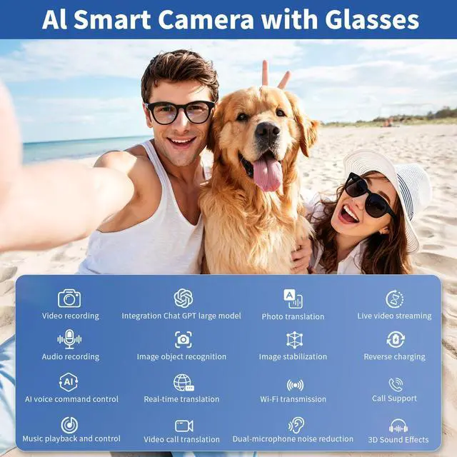 Alt view image 3 of 7 - AI Smart Glasses with 8MP Camera, 4K HD Video & Photo Capture, Bluetooth Connectivity, Real-time & Video Call Translation, Video stabilization, Dual-microphone Noise Reduction, Object Recognition