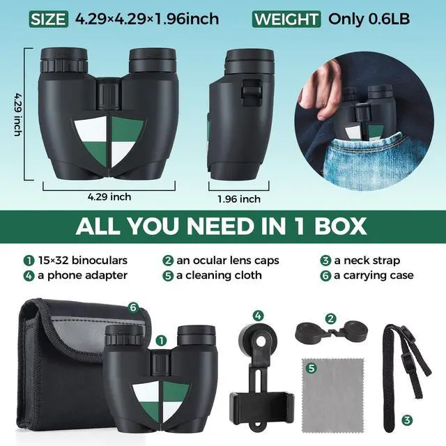 Alt view image 7 of 7 - 15x32 Compact Binoculars for Adults, High Power Lightweight Small Binoculars with Phone Adapter for Concert Cruise Ship Hiking Bird Watching Travel Safari Viewing Football Sports