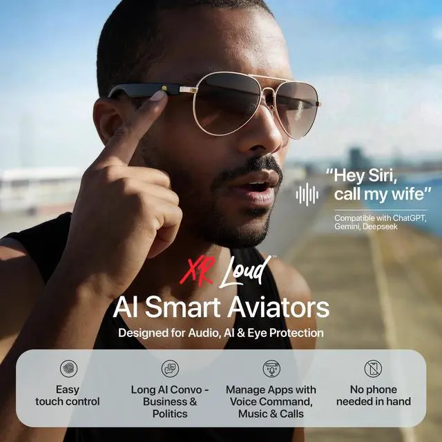 Alt view image 4 of 7 - AI Smart Glasses with Bluetooth for Men Women Easy Pair with ThinkLoud (Voice-to-Content), ChatGPT-Claude-Gem, 5.3 Android Siri Touch and Voice Assistant Glasses with Speakers, 120H SB BLACK DOMINATOR