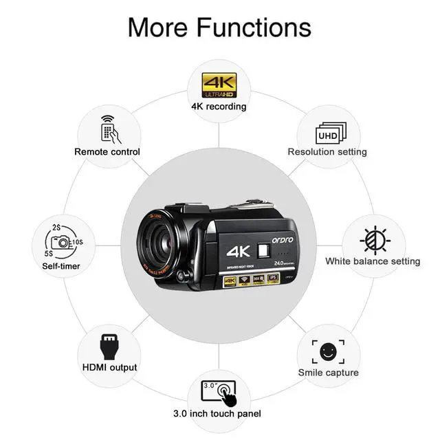 Alt view image 2 of 7 - UHD 4K Video Camera IR Night Vision Vlogging Camera for YouTube Digital Zoom Recorder with Microphone, Wide Angle Lens, LED Video Light, Handheld Stabilizer, Carrying Case,64GB Memory Card
