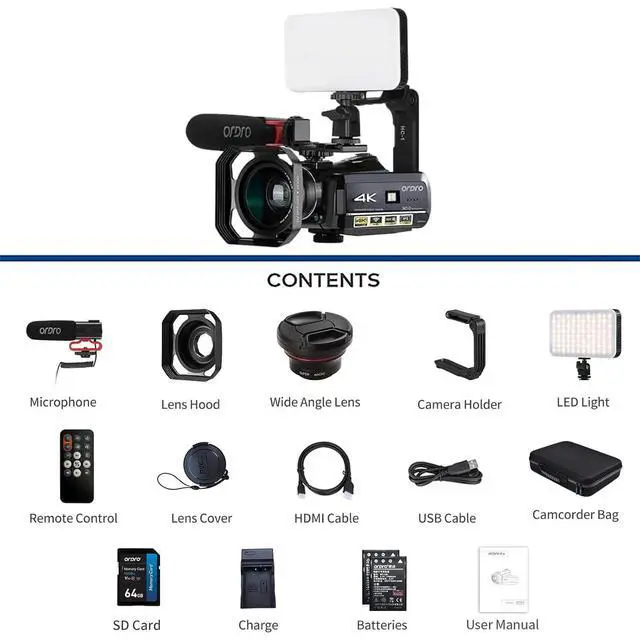 Alt view image 7 of 7 - UHD 4K Video Camera IR Night Vision Vlogging Camera for YouTube Digital Zoom Recorder with Microphone, Wide Angle Lens, LED Video Light, Handheld Stabilizer, Carrying Case,64GB Memory Card